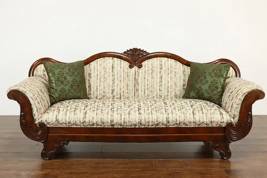 Main image of Empire Antique 1840s Carved Flame Grain Mahogany Sofa