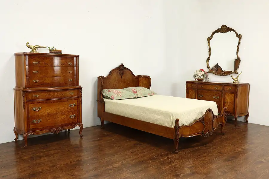 Main image of French Design Antique Carved Satinwood & Burl 3 Pc. Bedroom Set Full Size