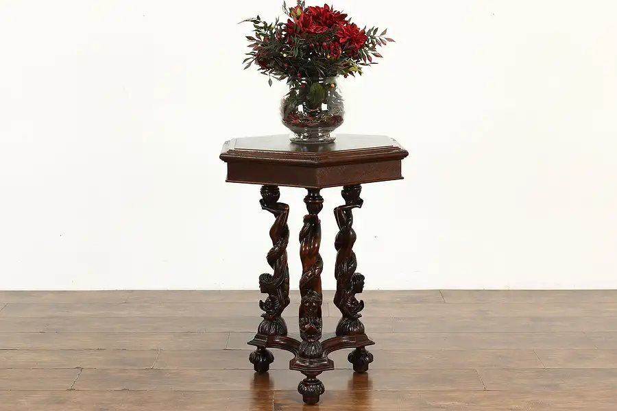 Main image of Italian Renaissance Antique Walnut Hexagonal Side Table, Woman & Serpent