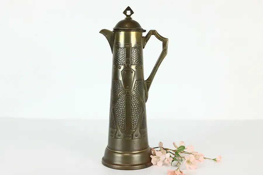 Main image of Arts & Crafts Design Antique Embossed Brass Pitcher or Tankard, Cover