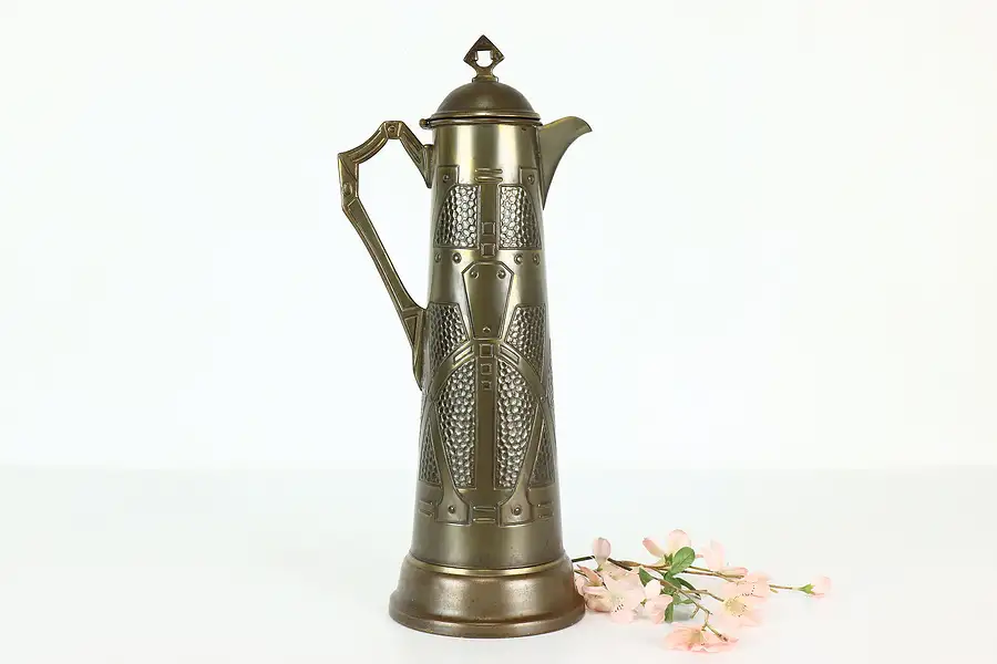 Main image of Arts & Crafts Design Antique Embossed Brass Pitcher or Tankard, Cover