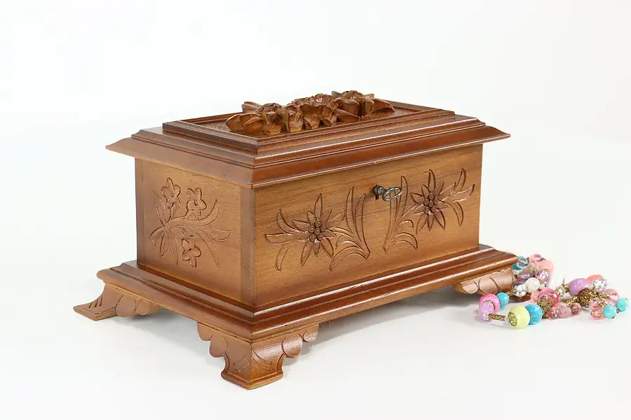 Main image of Swiss Folk Art Vintage Carved Walnut Music Box & Jewelry Chest, Reuge