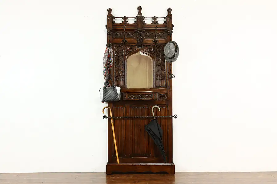 Main image of Gothic Antique French Chestnut Hall Stand, Iron Hooks, Beveled Mirror