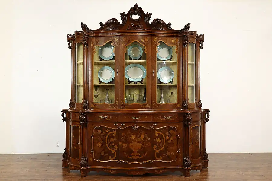 Main image of Italian Vintage Carved Walnut Marquetry Breakfront China Display Cabinet