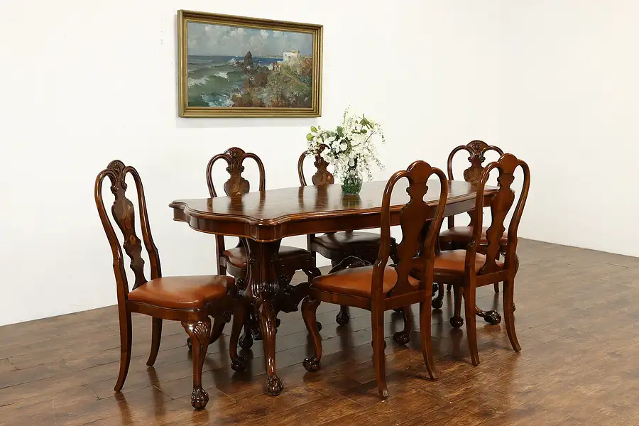 Main image of Baroque Italian Marquetry Vintage Dining Set, Table, 6 Leather Chairs