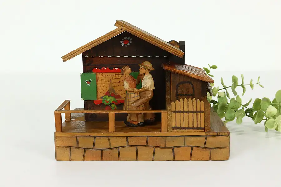 Main image of Swiss Folk Art Vintage Music & Jewelry Box, Cottage & Dancing Couple