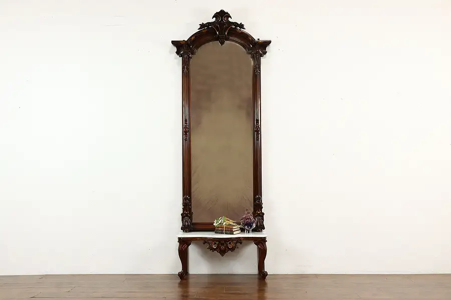 Main image of Victorian Antique Walnut Pier, Hall or Dressing Mirror, Marble Shelf Base