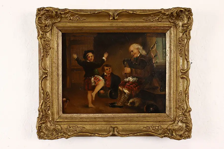 Main image of Highland Fling Scottish Original Antique Oil Painting Wilkie School 15.5"