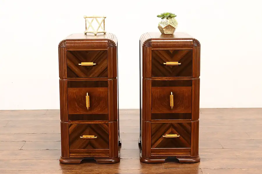 Main image of Pair of Art Deco Vintage Waterfall Nightstands End Tables, Bakelite Pulls