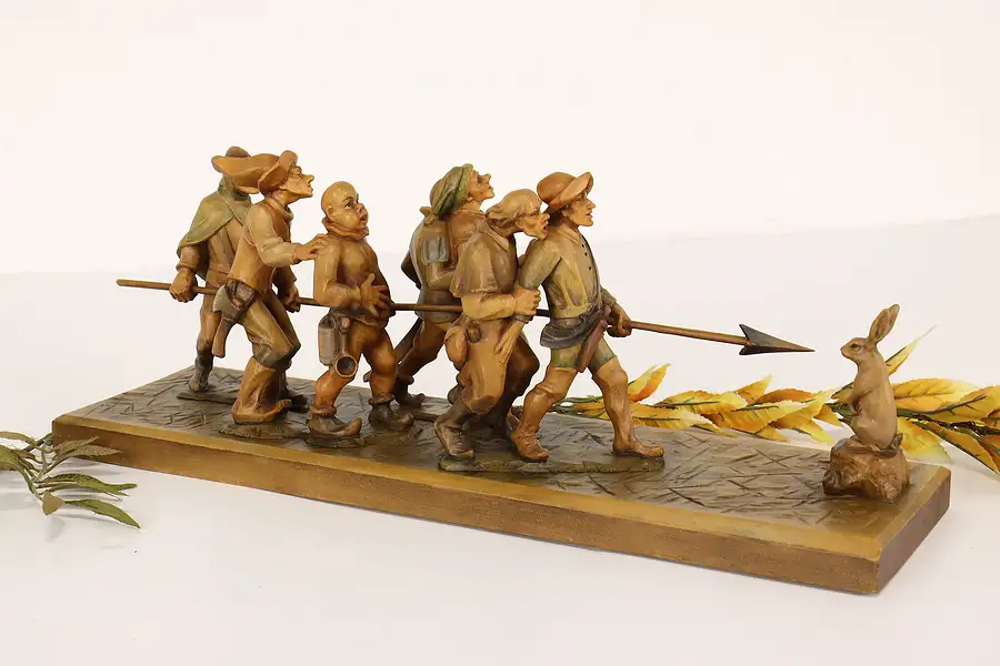 Main image of Swiss Vintage Hand Carved 7 Men Fighting Rabbit Alpine Humorous Sculpture