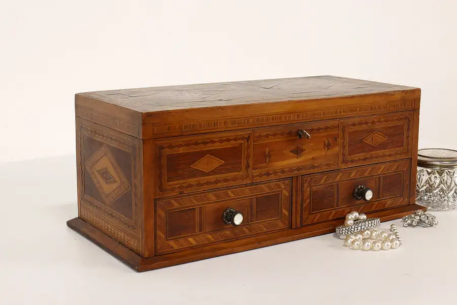 Main image of Marquetry Antique Jewelry Chest or Box, Mother of Pearl Pulls