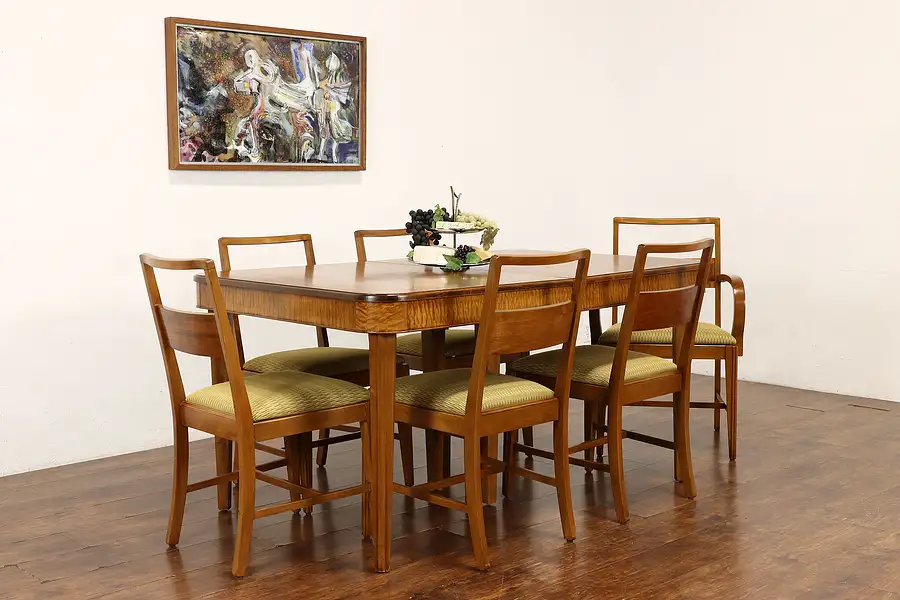 Main image of Midcentury Modern Vintage Teak & Walnut Dining Set, Table, Leaf, 6 Chairs