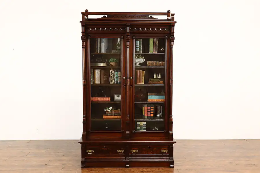 Main image of Victorian Eastlake Antique Walnut Office or Library Bookcase, Wavy Glass