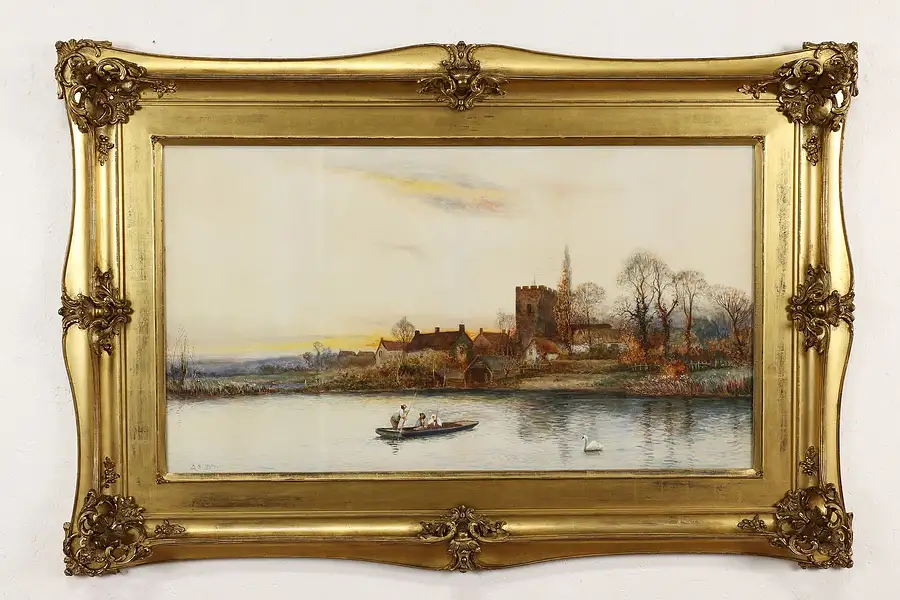 Main image of Shepperton on Thames Antique Original Watercolor Painting Sherrin 48"