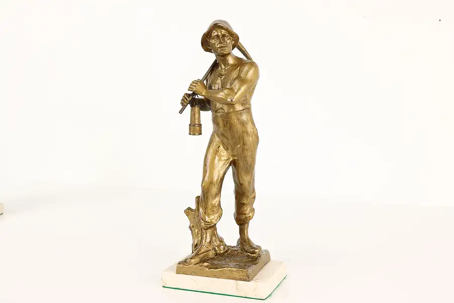 Main image of Miner with Pickaxe Statue Antique German Sculpture on Marble Base