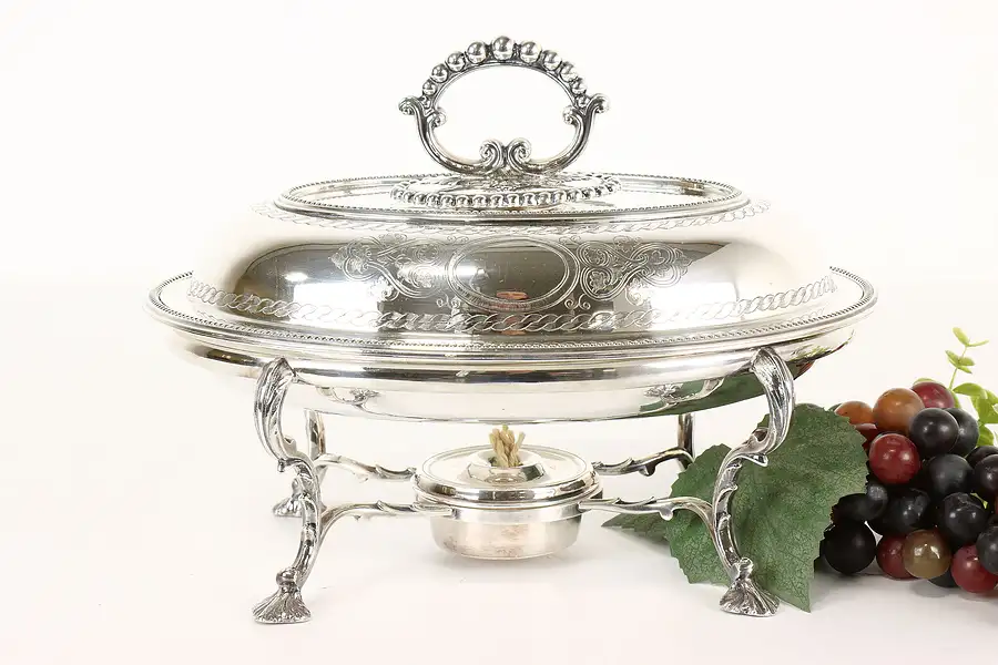 Main image of Victorian Antique English Silverplate Oval Covered Server & Burner, WH&S