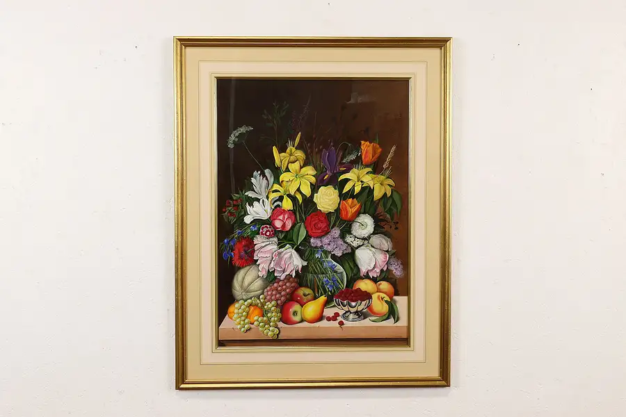 Main image of Still Life of Flowers & Fruit Vintage Original Painting, Stolz 36"