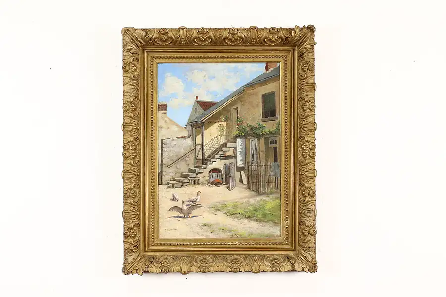 Main image of Farmhouse Geese in Courtyard Antique Original Oil Painting, Connell 26"