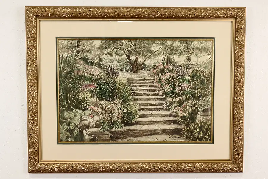 Main image of Patio Steps in a Garden Vintage Original Numbered Lithograph, Sahall 42"