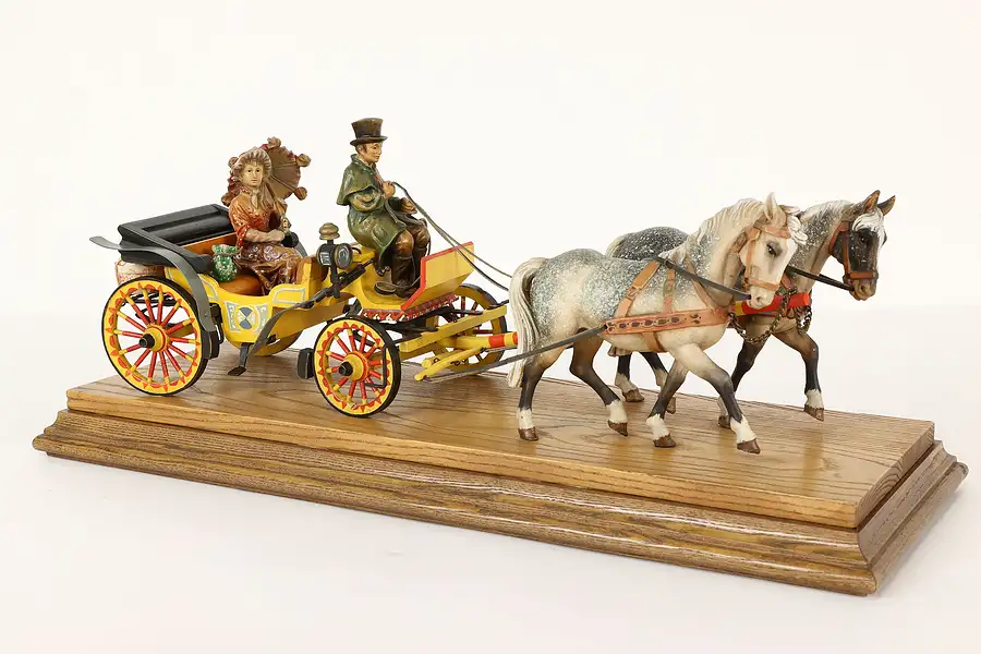 Main image of Swiss Hand Carved Statue Vintage Horse & Carriage, Lady Sculpture