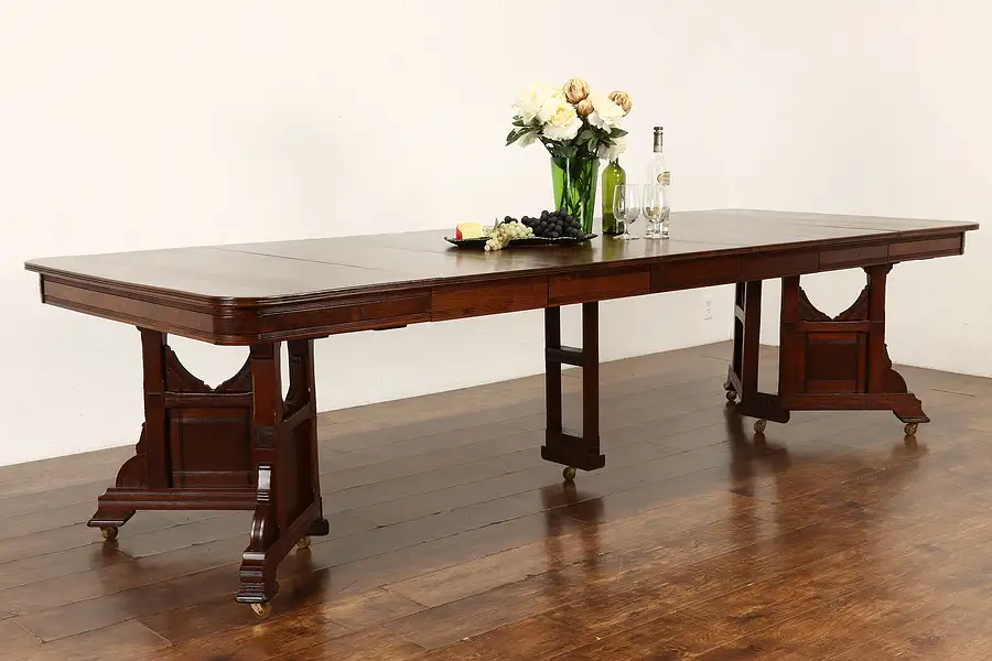 Main image of Victorian Eastlake Antique Walnut 44" Square Dining Table, Extends 10'