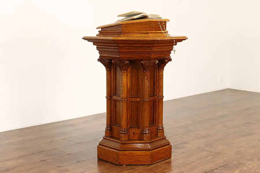 Main image of Gothic Antique Oak & Leather Podium, Reception Desk or Bible Stand