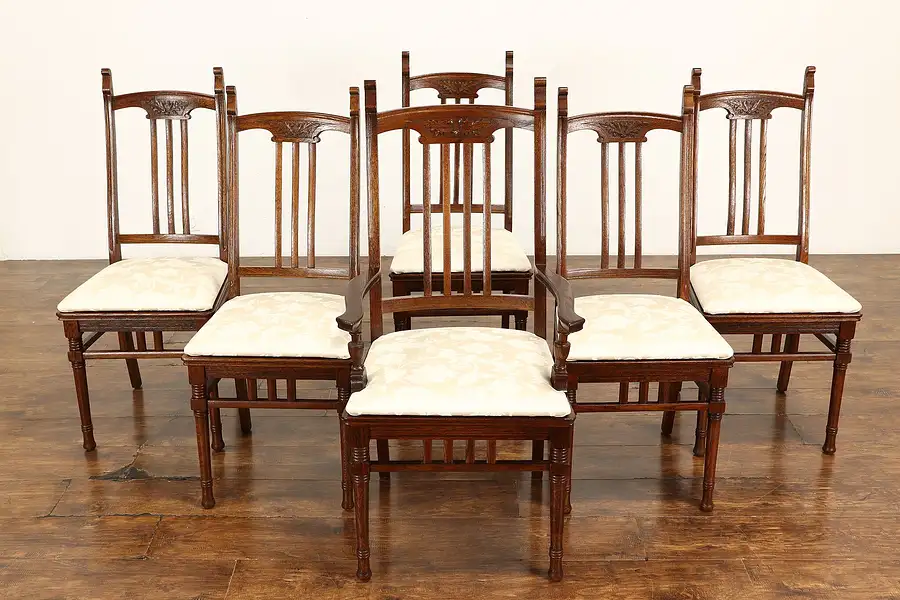 Main image of Victorian Eastlake Set of 6 Carved Oak Antique Dining Chairs, New Seats