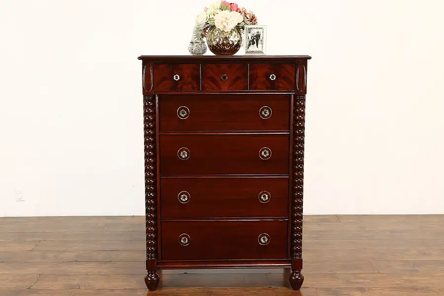 Main image of Empire Antique Mahogany Tall Chest or Dresser, Glass Knobs