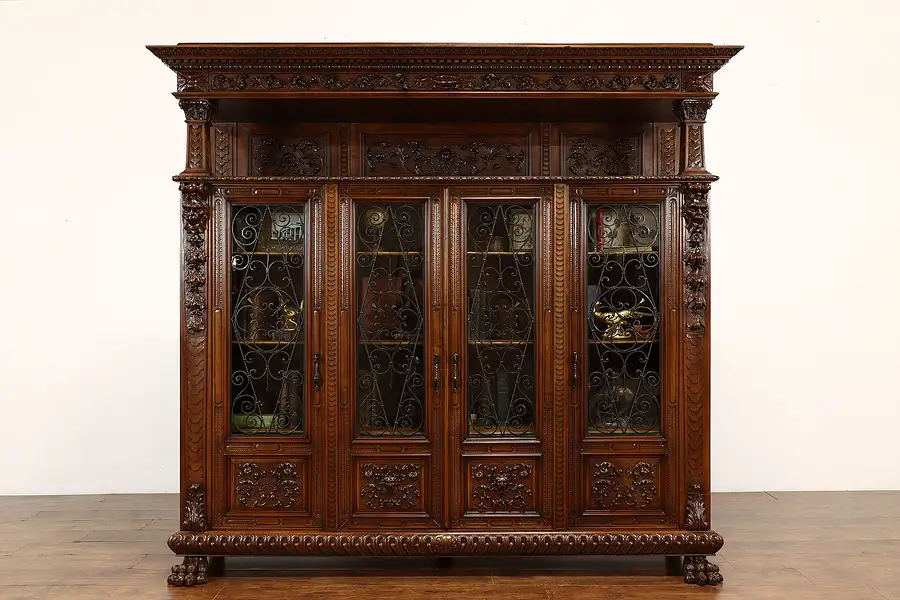 Main image of Italian Renaissance Antique Walnut Office Library Bookcase, Carved Lions