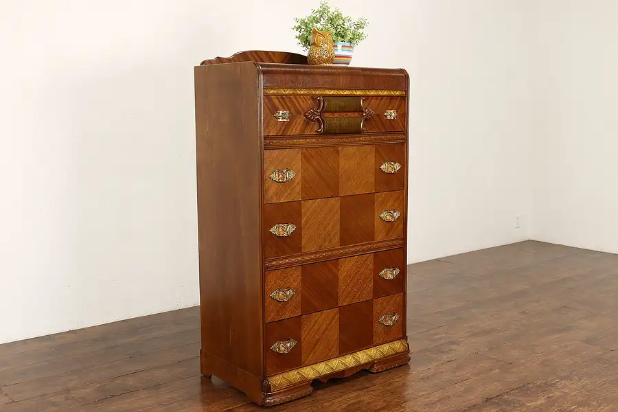 Main image of Art Deco Vintage Walnut & Satinwood Waterfall Design Tall Chest, Dresser