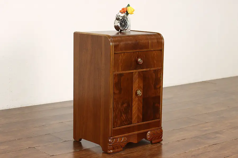 Main image of Art Deco 1930s Vintage Waterfall Nightstand or End Table, Bakelite Pulls