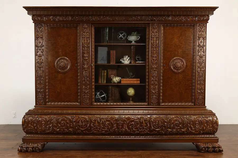 Main image of Renaissance Antique Walnut & Burl Office or Library Bookcase, Paw Feet