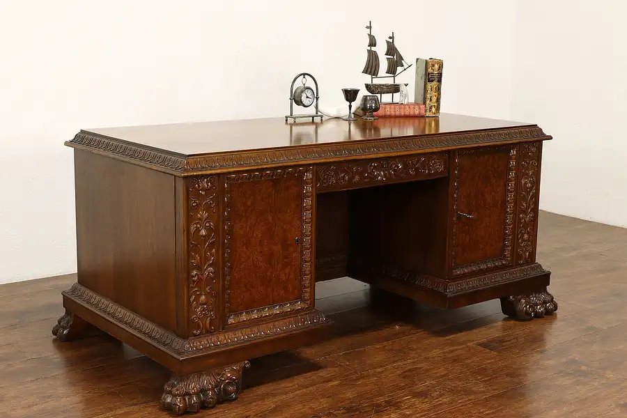 Main image of Renaissance Antique Walnut & Burl Office or Library Desk, Carved Paw Feet