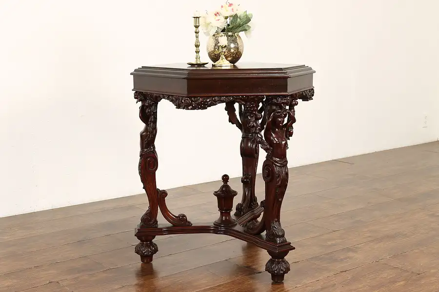 Main image of Hexagonal Antique Walnut Marquetry Hall, Lamp, End Table, Sculpture Legs