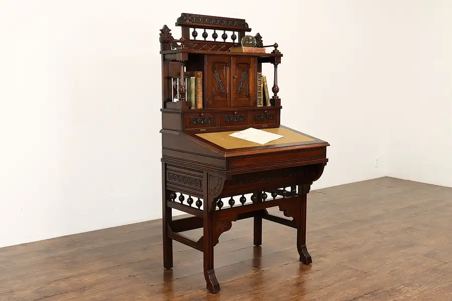 Main image of Victorian Eastlake Antique Carved Walnut Secretary Desk, Leather Top