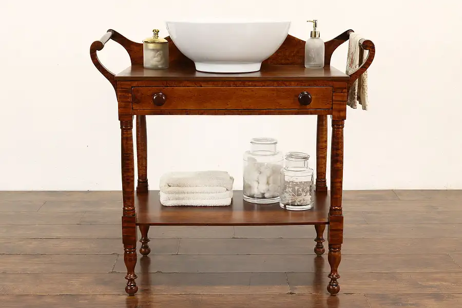 Main image of Victorian Antique Curly Birdseye Maple Washstand Nightstand, Hall Console