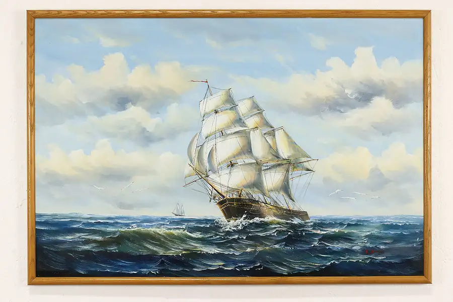 Main image of Clipper Ship At Sea Vintage Original Oil Painting, Dossi 37.5"