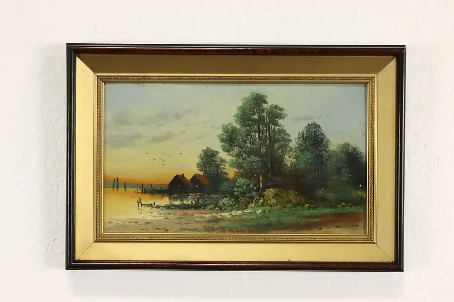 Main image of Lake with Cottages at Sunset Antique Original Pastel Painting 15.5"