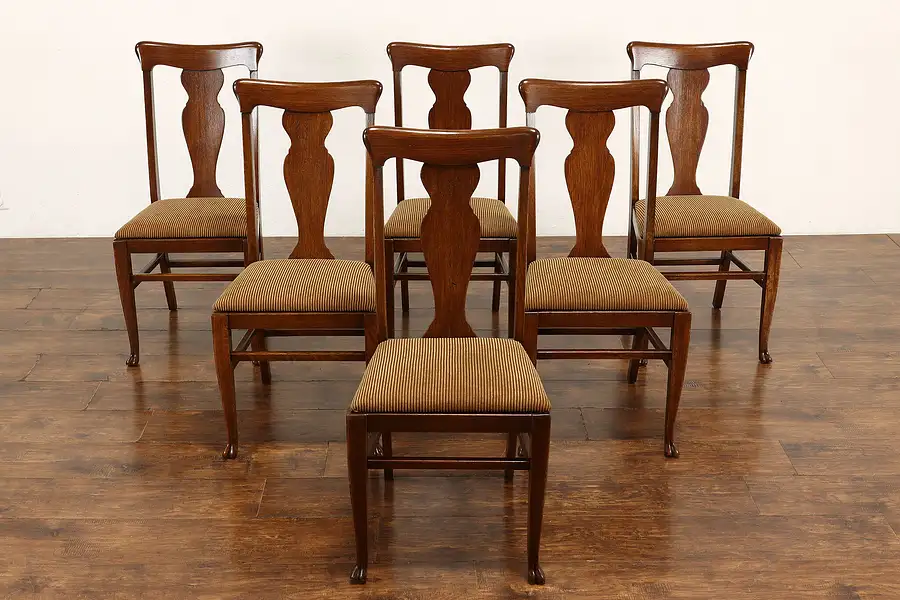 Main image of Set of 6 Victorian Antique Craftsman Oak Dining Chairs New Upholstery