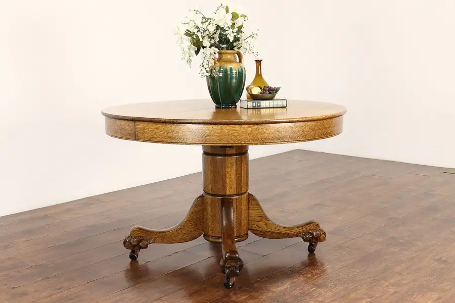 Main image of Victorian Antique 4' Round Oak Dining Table, 2 Leaves, Lion Paw Feet