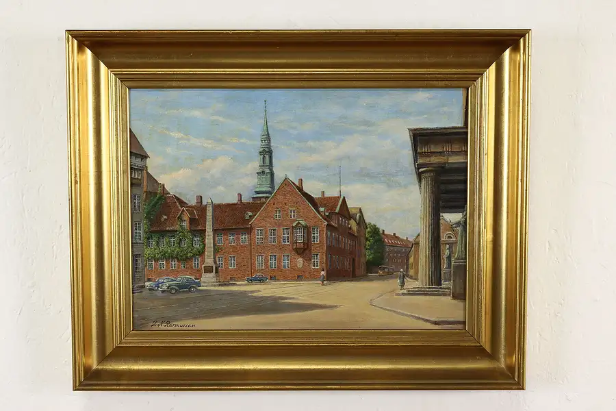 Main image of Copenhagen Denmark Scene Antique Original Oil Painting Rasmussen 20.5"