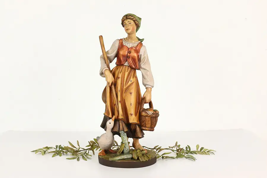 Main image of Swiss Vintage Hand Carved & Painted Farm Girl with Goose Sculpture