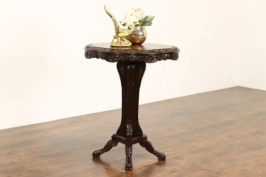 Main image of Art Nouveau Antique Carved Mahogany & Rosewood Marquetry Center Table