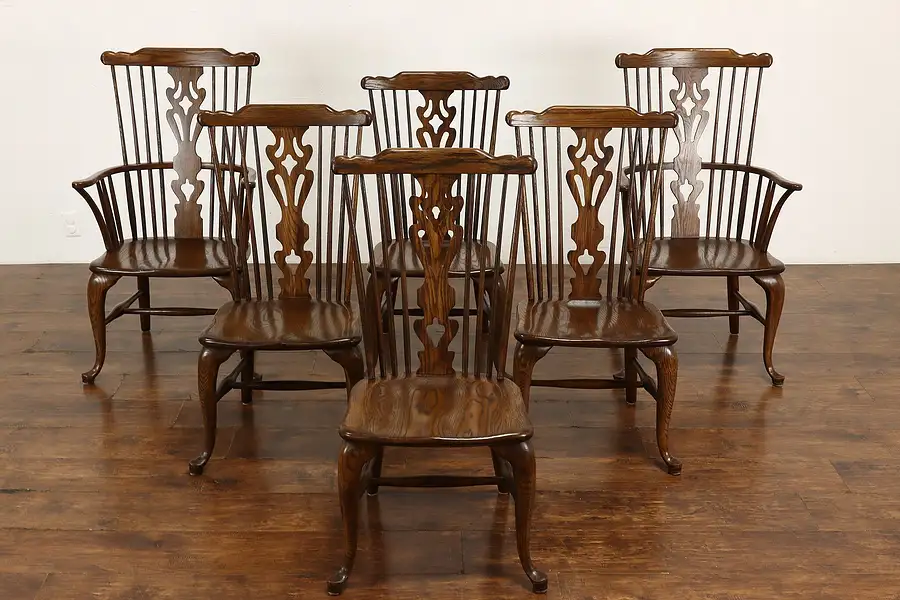 Main image of Set of 6 Farmhouse Vintage Georgian Windsor Design Oak Dining Chairs