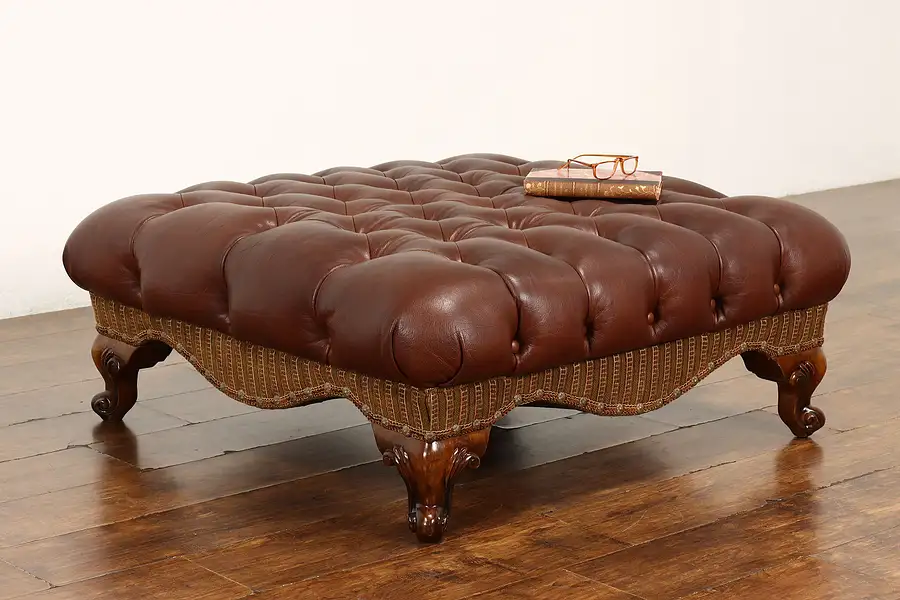 Main image of Traditional Vintage Tufted Leather Ottoman, Stool, Bench, Brass Nailheads