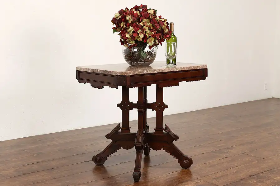 Main image of Victorian Eastlake Antique Marble Top Carved Walnut Parlor or Entry Table