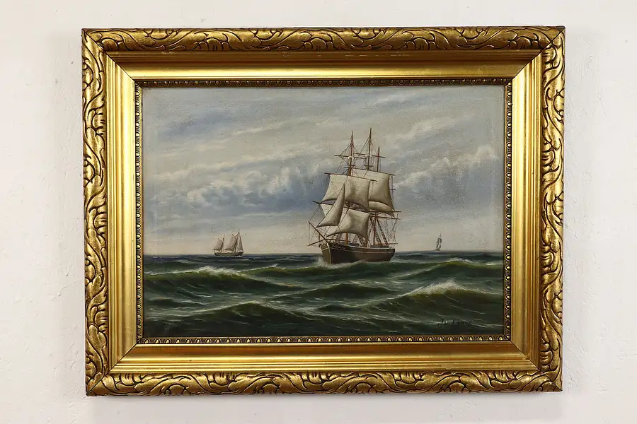 Main image of Sailing Ships at Sea Vintage Original Oil Painting, Lange 33"