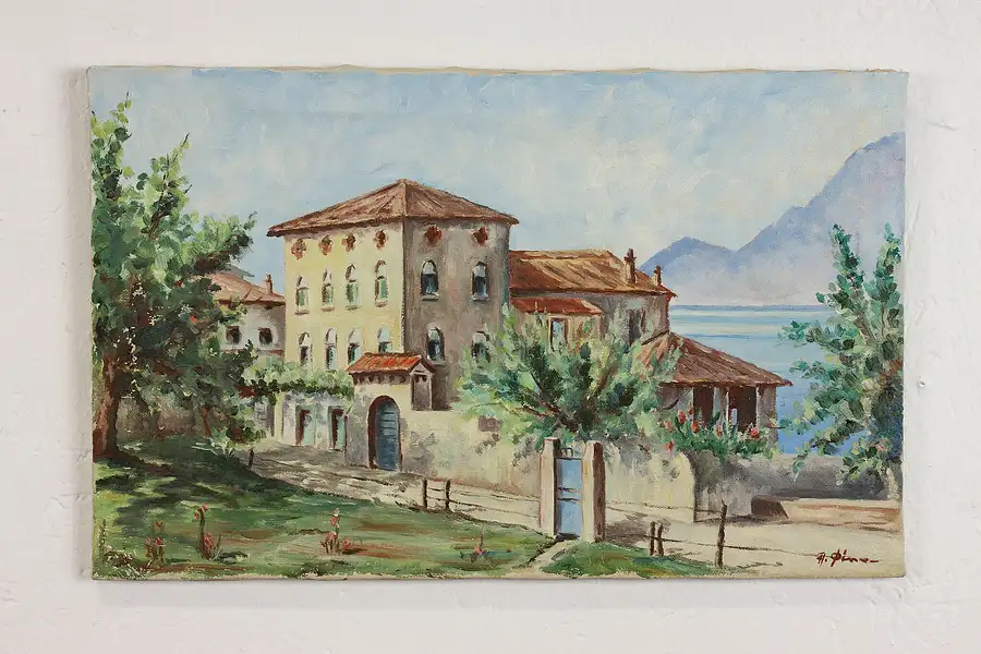 Main image of Summer at an Italian Villa & Lake Vintage Original Oil Painting Piner 19"