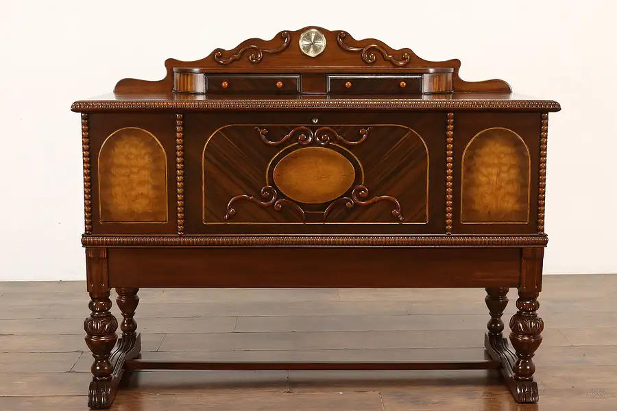 Main image of English Tudor Antique Blanket Chest Cedar Trunk, Jewelry Drawers, Clock