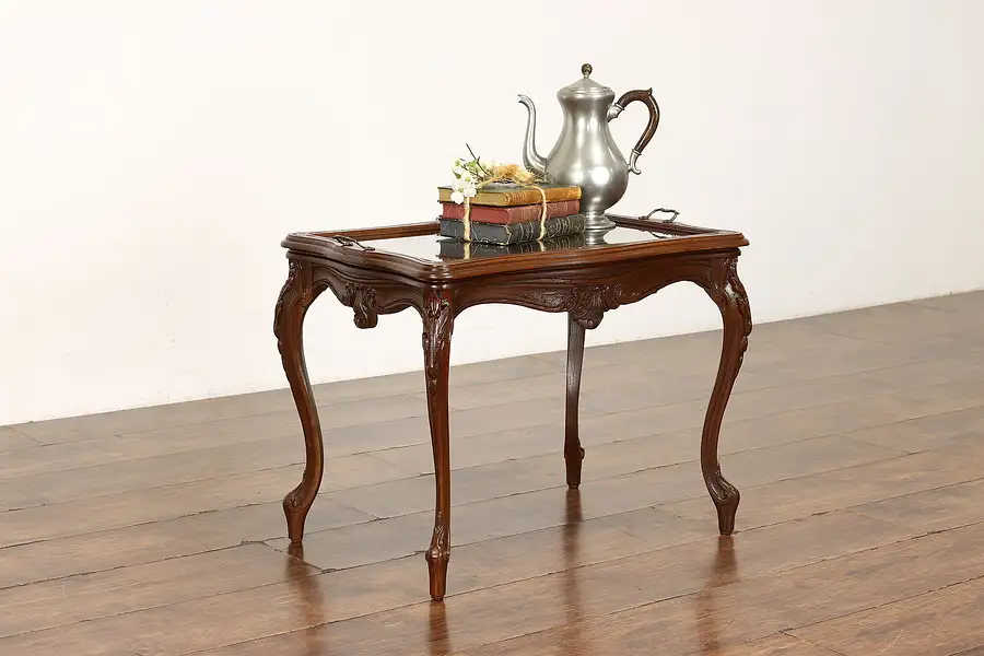 Main image of French Style Vintage Carved Walnut Coffee Table, Glass Serving Tray